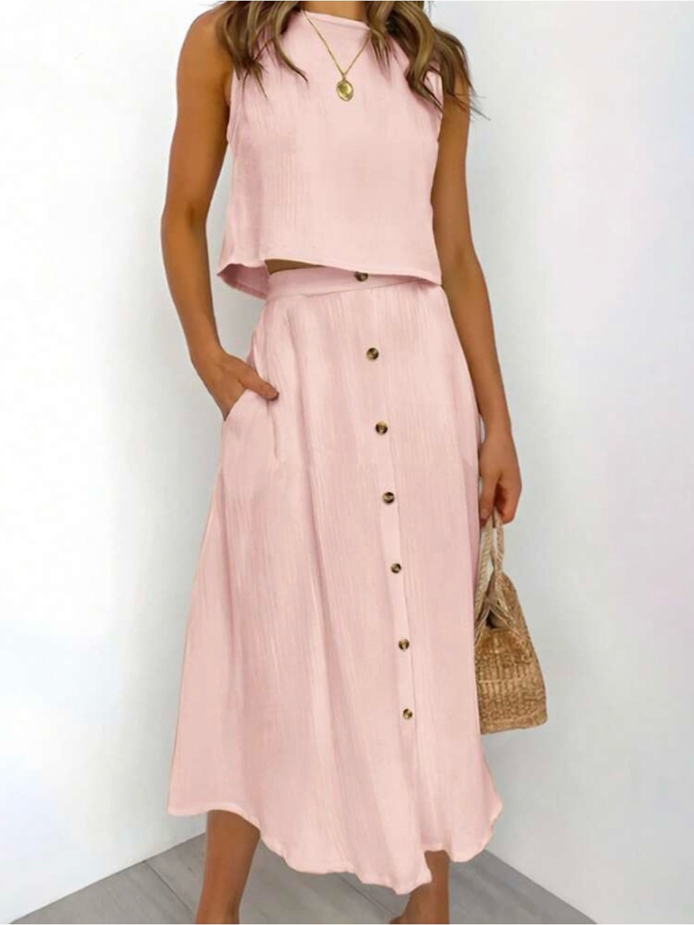 Women's Sleeveless Top + Loose Front Button Decorated Skirt 2-Piece Set L